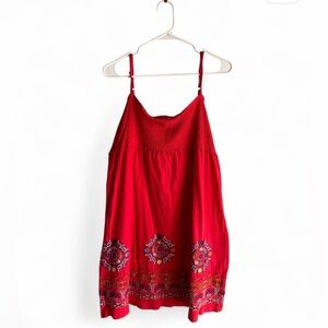 Johnny Was Red Embroidered Baby Doll Tank Mini Dress